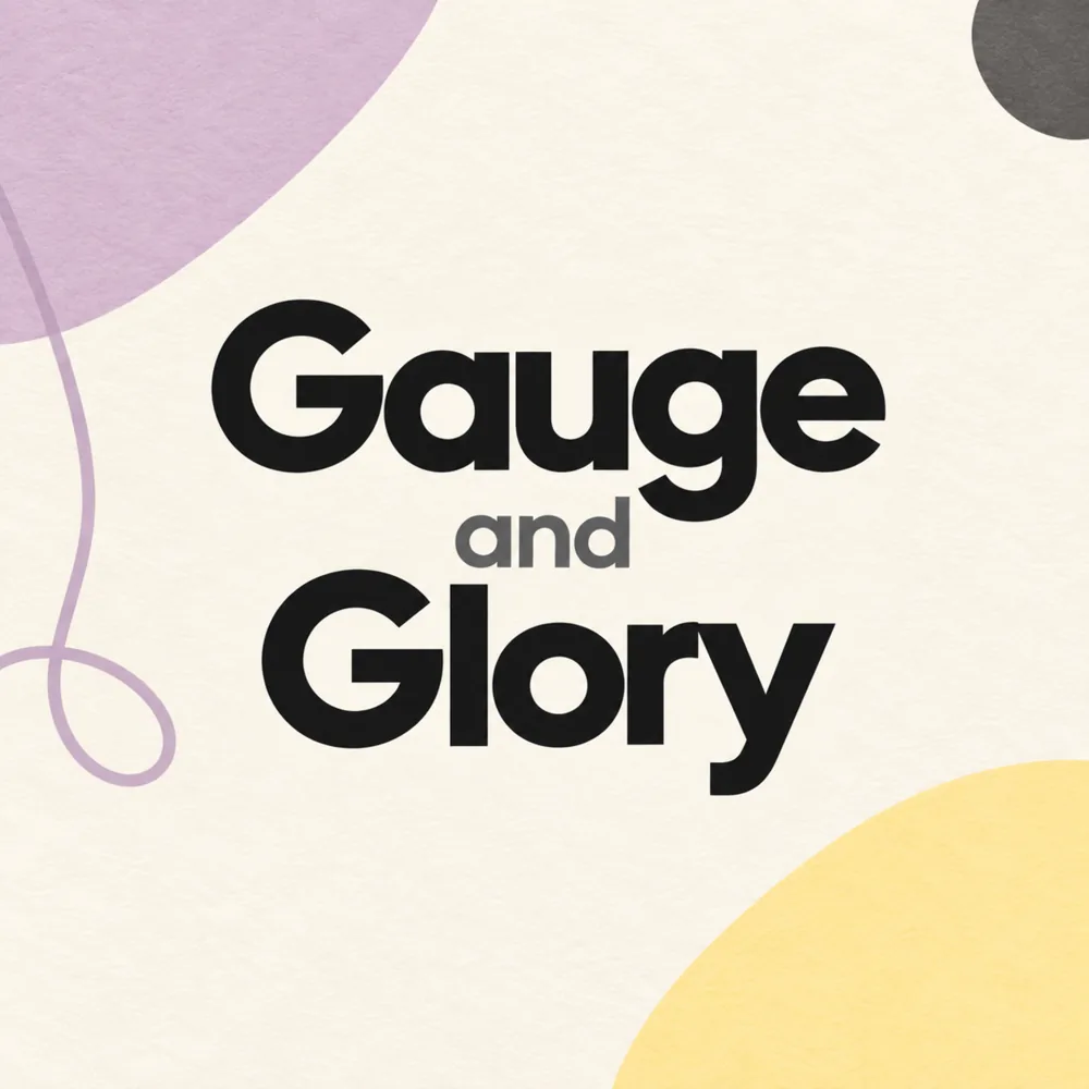 Gauge and Glory logo with separate lilac yarn, charcoal circle and yellow arc on cream